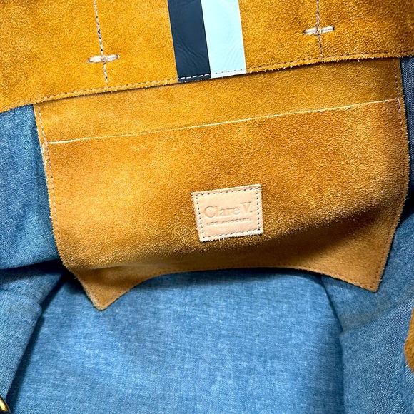 Clare V. Simple Tote - Camel Suede w/ Black & White Stripe + Shoulder Strap - Picture 6 of 8